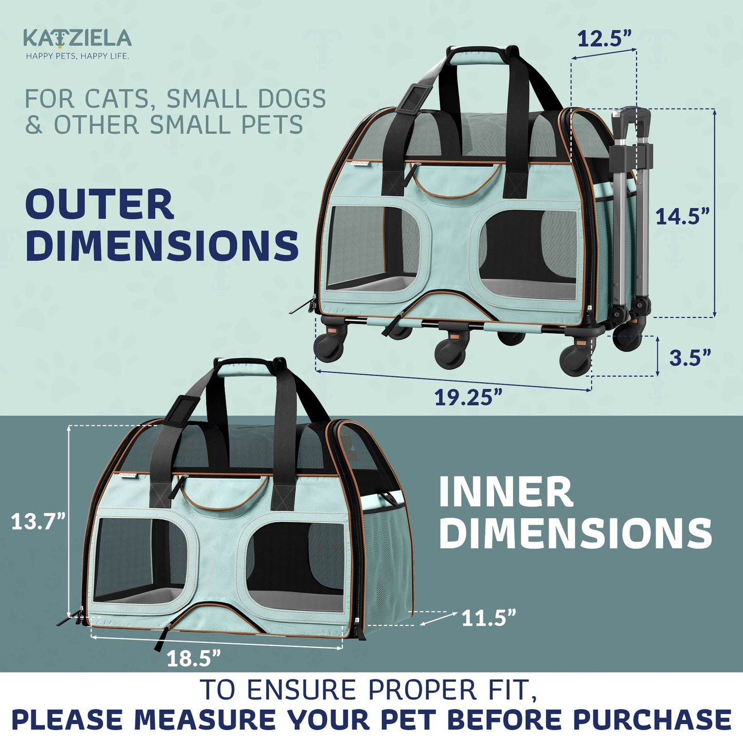 Teal pet carrier with black mesh panels and telescopic handle, outer and inner size diagram