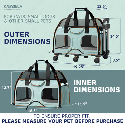Teal pet carrier with black mesh panels and telescopic handle, outer and inner size diagram