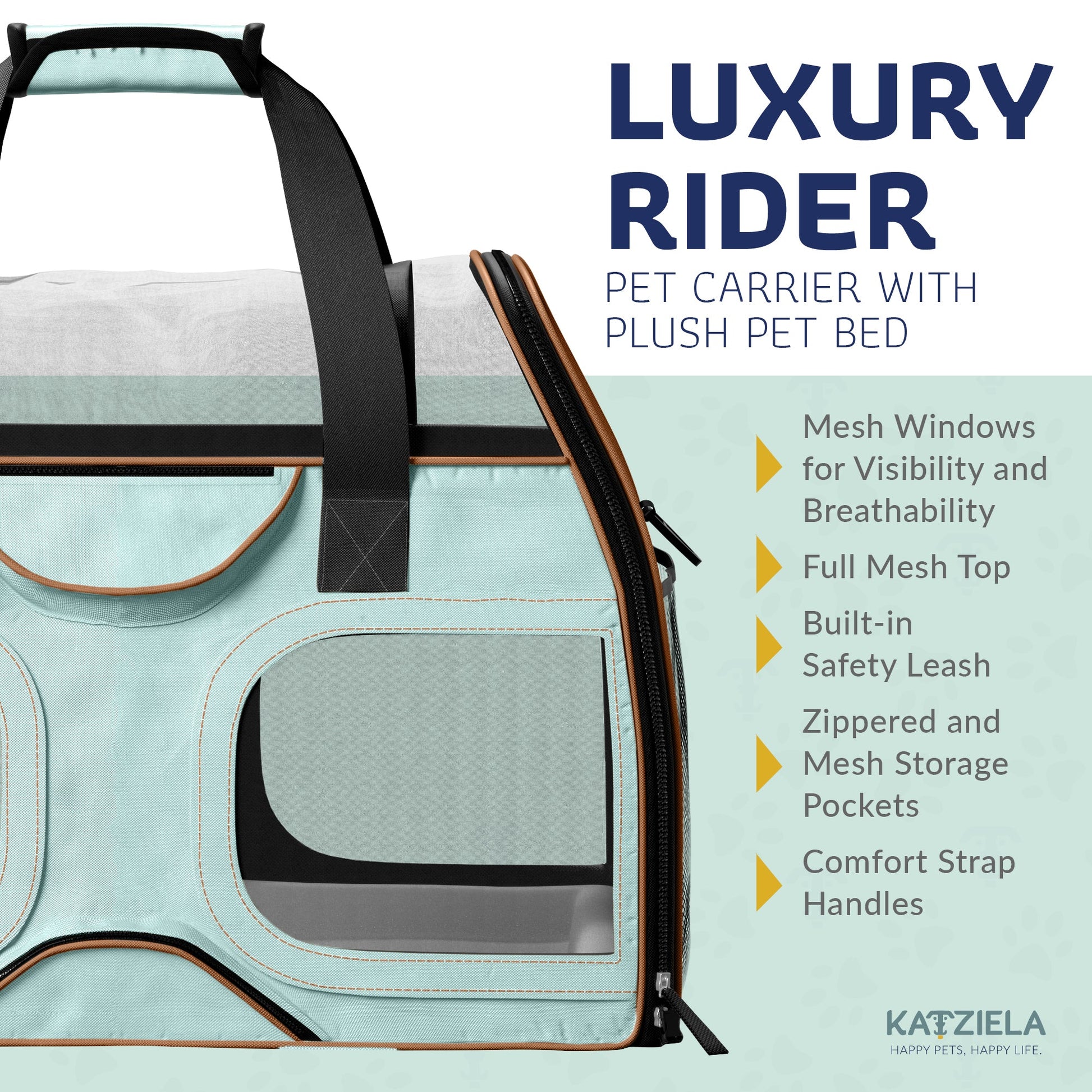 Light teal mesh pet carrier with plush pet bed, black handle strap, side close-up