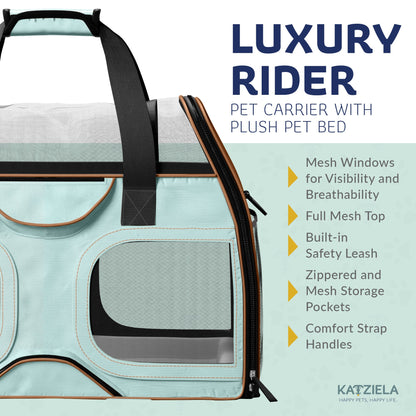 Light teal mesh pet carrier with plush pet bed, black handle strap, side close-up