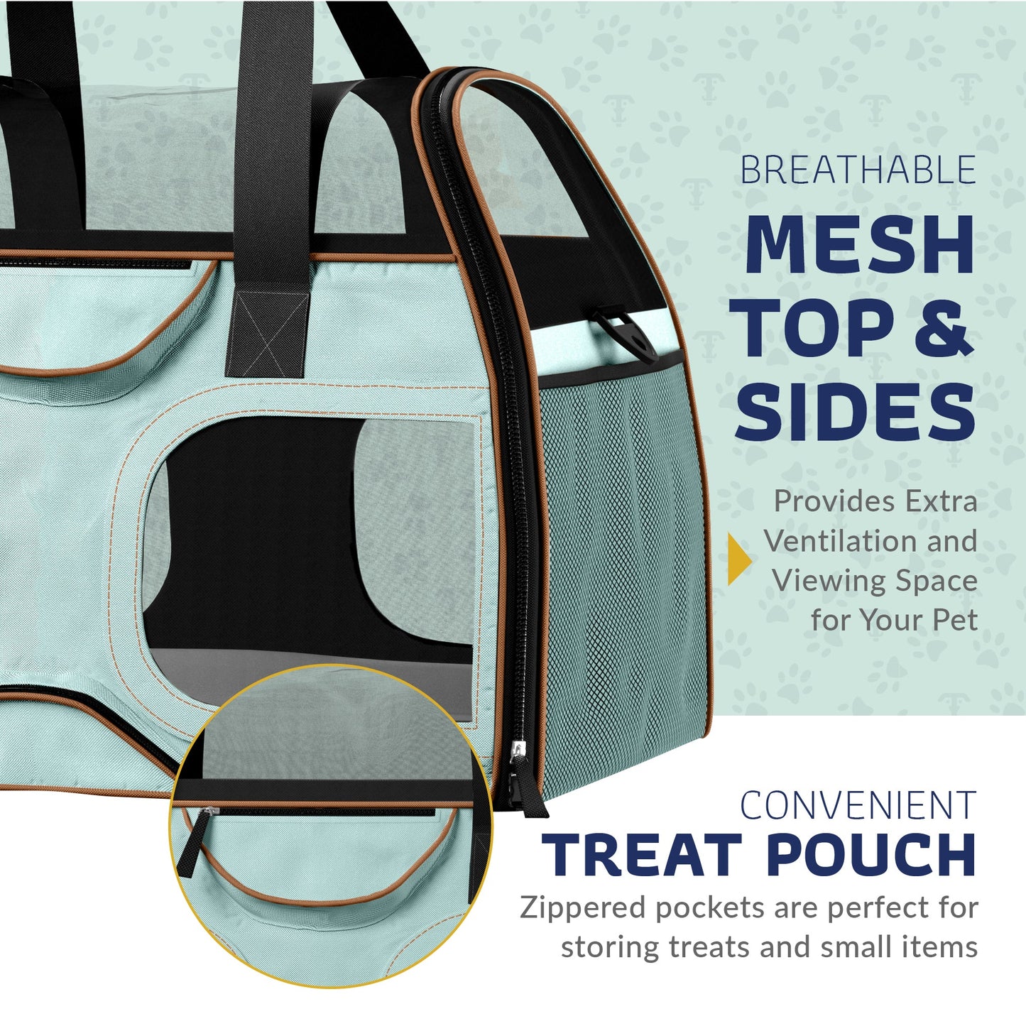 Teal pet carrier with breathable mesh top and zippered side treat pouch pocket