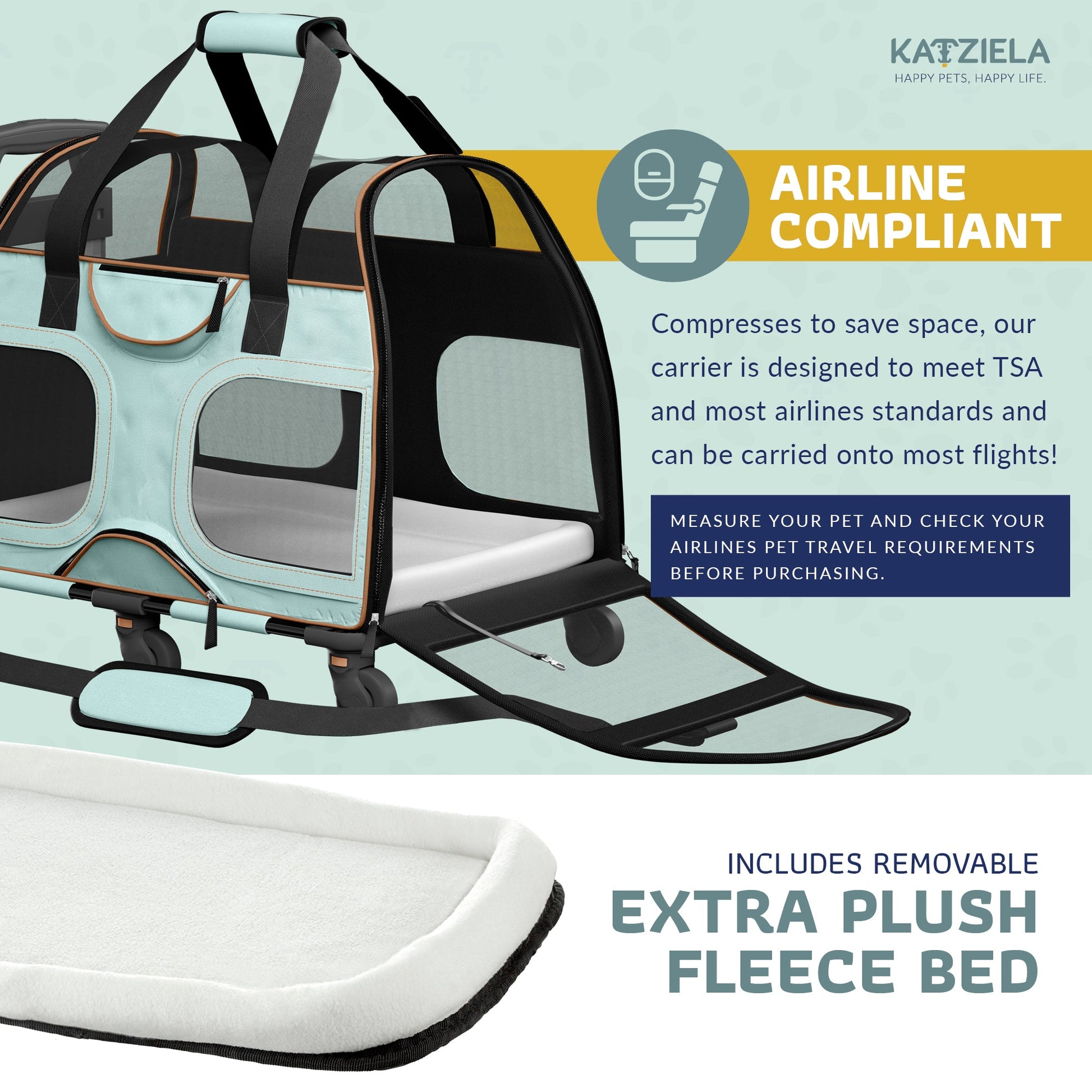 Teal pet carrier with removable extra plush fleece bed, rolling base and mesh sides
