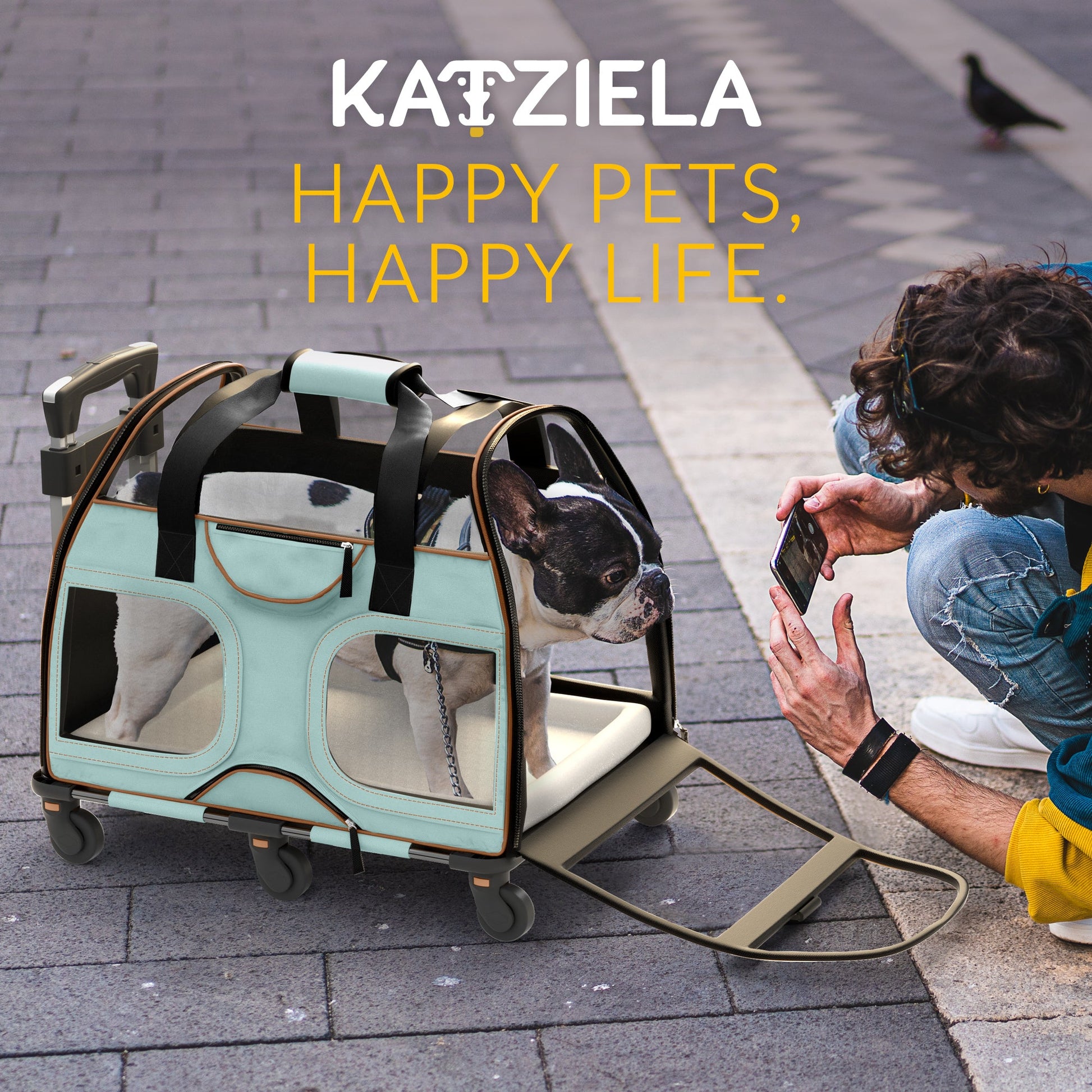 Teal mesh pet carrier with black wheels and telescopic handle, dog inside and side door open