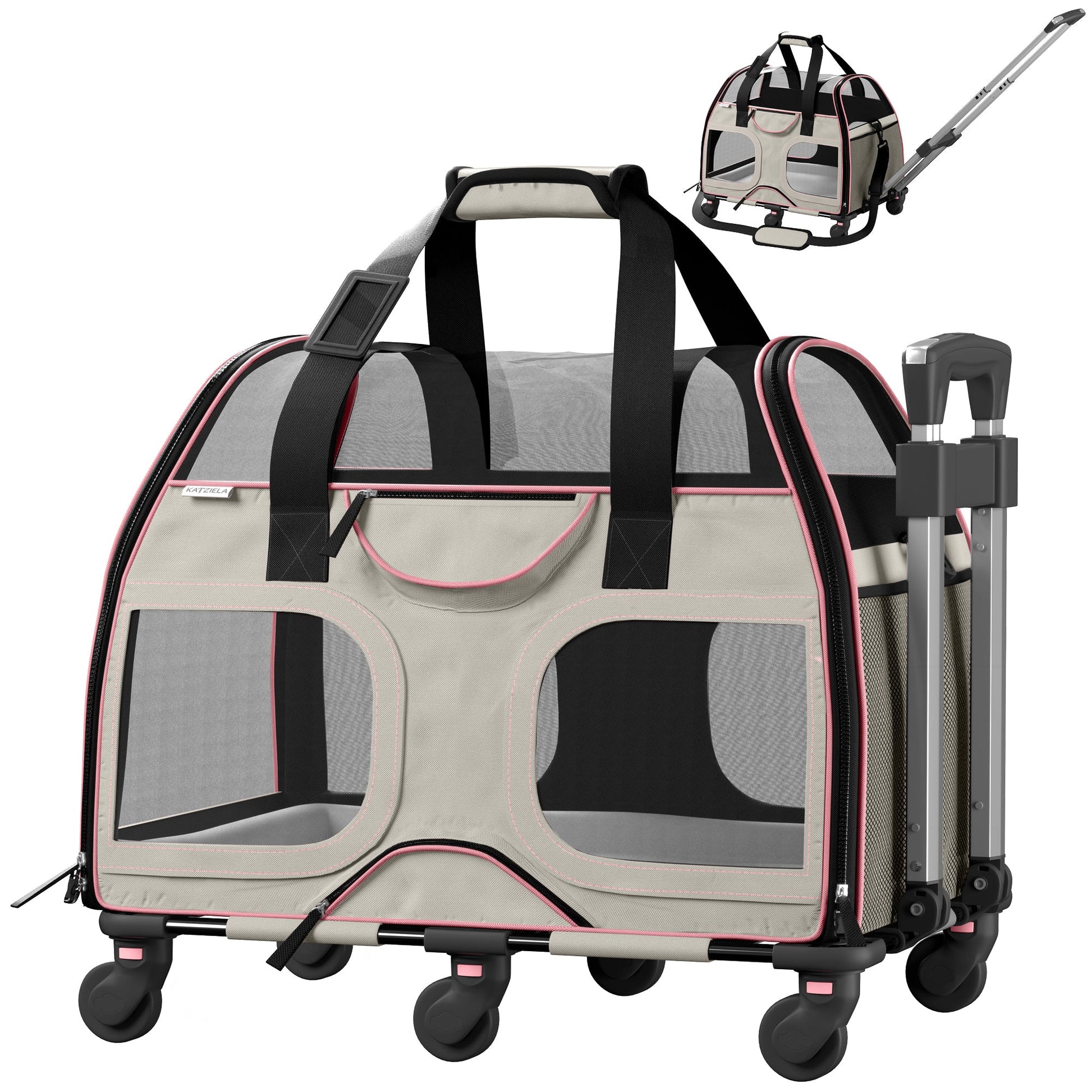 Beige pet carrier with pink-trim mesh windows, removable wheels, and telescopic handle