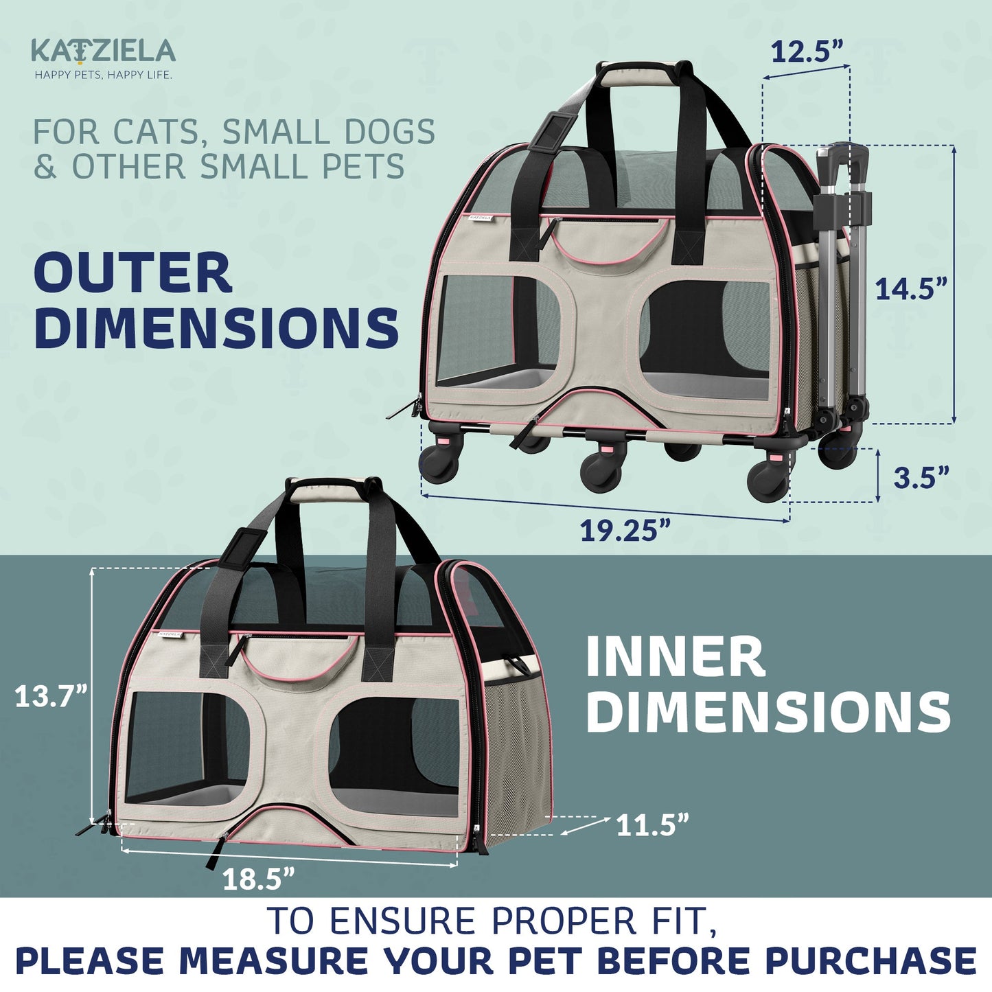 Pet carrier dimensions infographic with outer and inner measurement labels