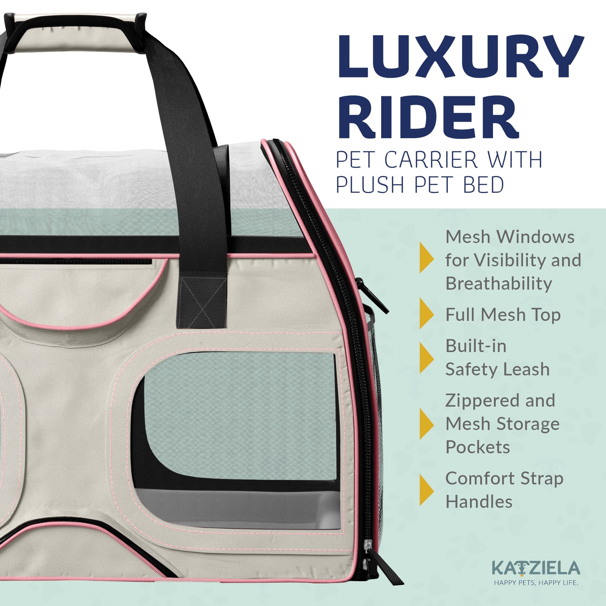 Light gray pet carrier with pink-trim mesh window panel and zippered side