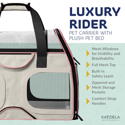 Light gray pet carrier with pink-trim mesh window panel and zippered side