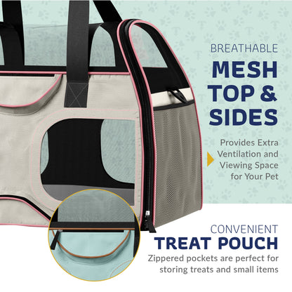 Pink and gray pet carrier side and top mesh with front treat pouch