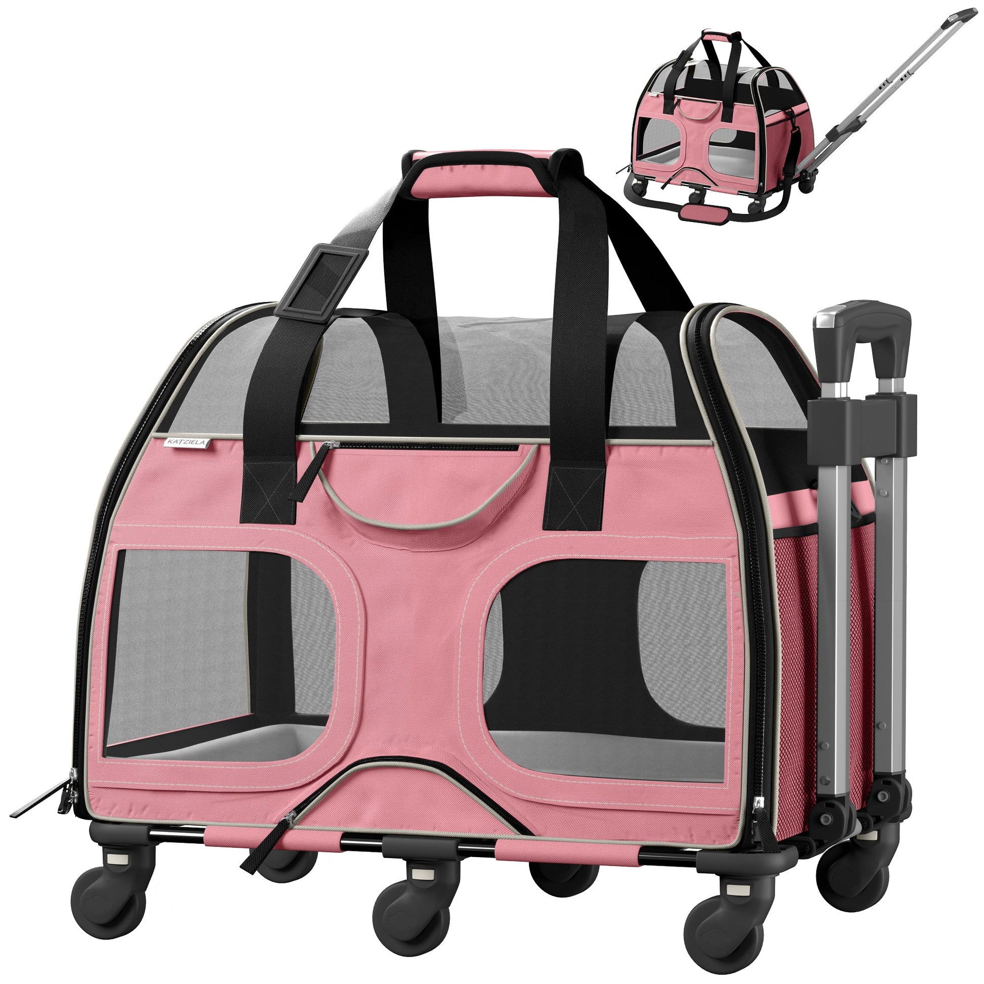 Pink and gray pet carrier on rolling base with telescopic handle, front mesh windows