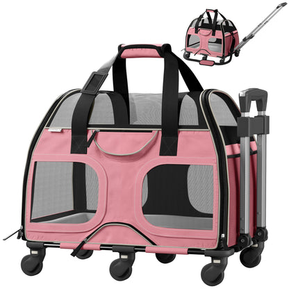 Pink and gray pet carrier on rolling base with telescopic handle, front mesh windows