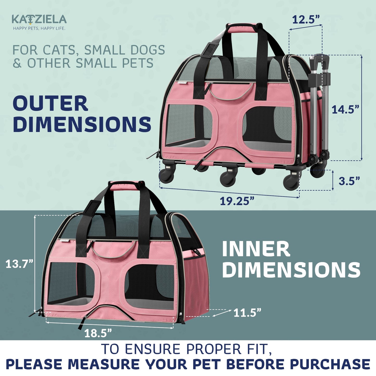Pink pet carrier with size dimensions, rolling base, side mesh window and fleece bed