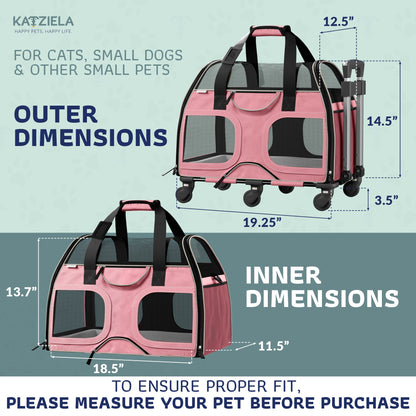 Pink pet carrier with size dimensions, rolling base, side mesh window and fleece bed