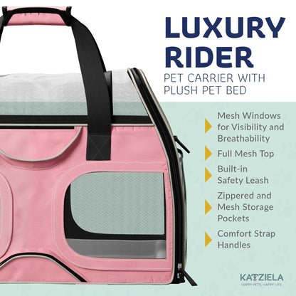 Pink pet carrier with plush bed, mesh windows, and zipper storage pockets