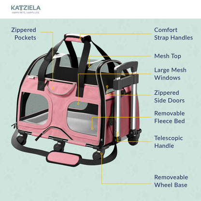 Pink pet carrier with removable wheels and telescopic handle, mesh windows and side doors