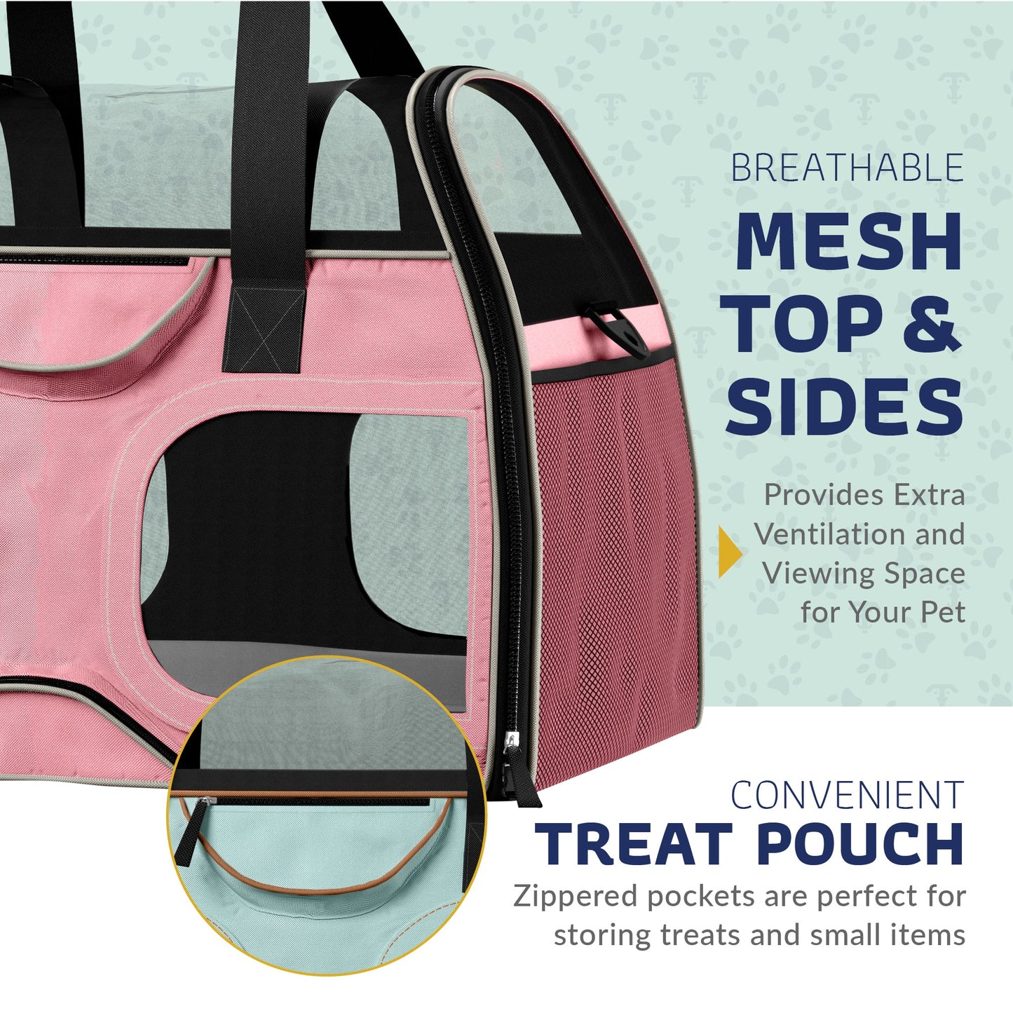 Pink pet carrier with mesh top and sides and front treat pouch pocket