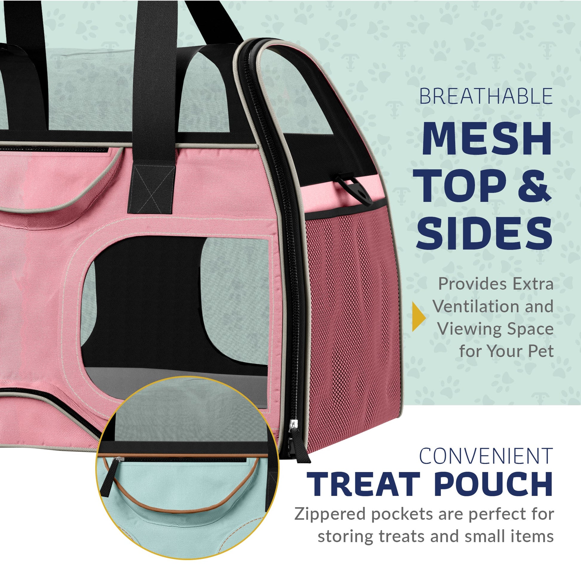 Pink pet carrier with mesh top and sides and front treat pouch pocket
