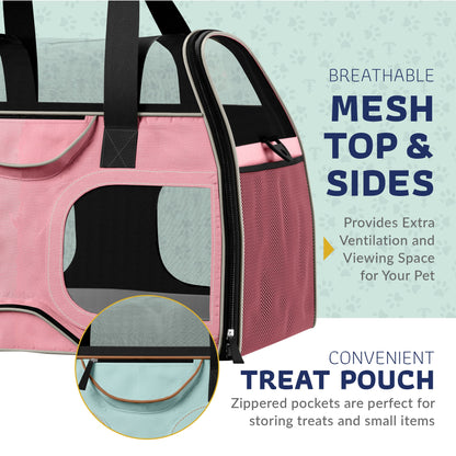 Pink pet carrier with mesh top and sides and front treat pouch pocket