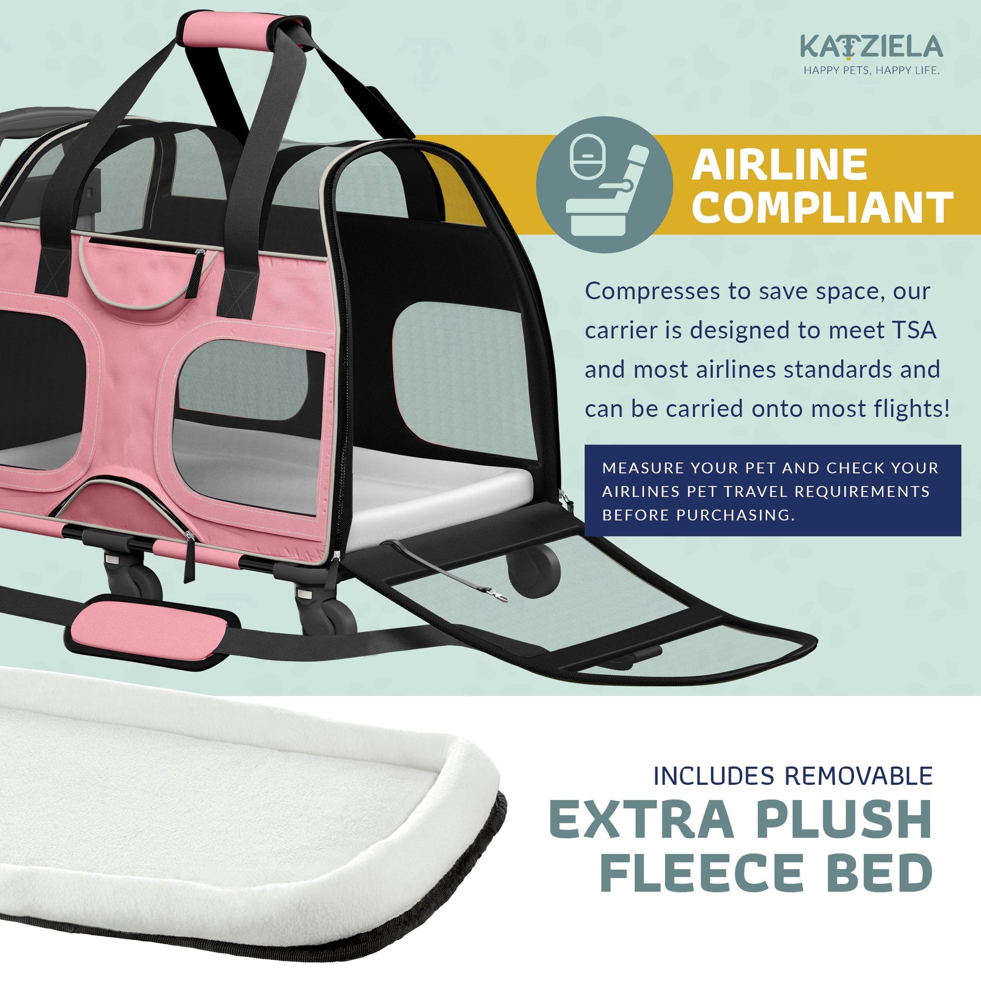 Pink pet carrier, airline compliant with removable fleece bed and rolling base