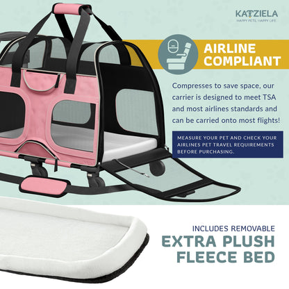 Pink pet carrier, airline compliant with removable fleece bed and rolling base