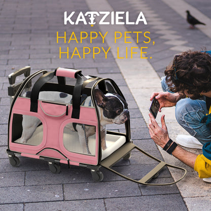 Pink mesh pet carrier with black wheels and telescopic handle, side door open