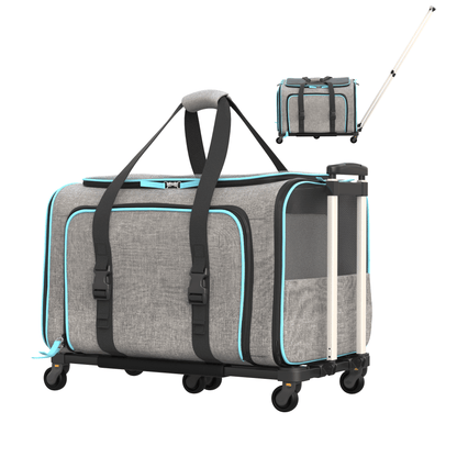 Gray and blue rolling pet carrier with front zip opening and telescopic handle