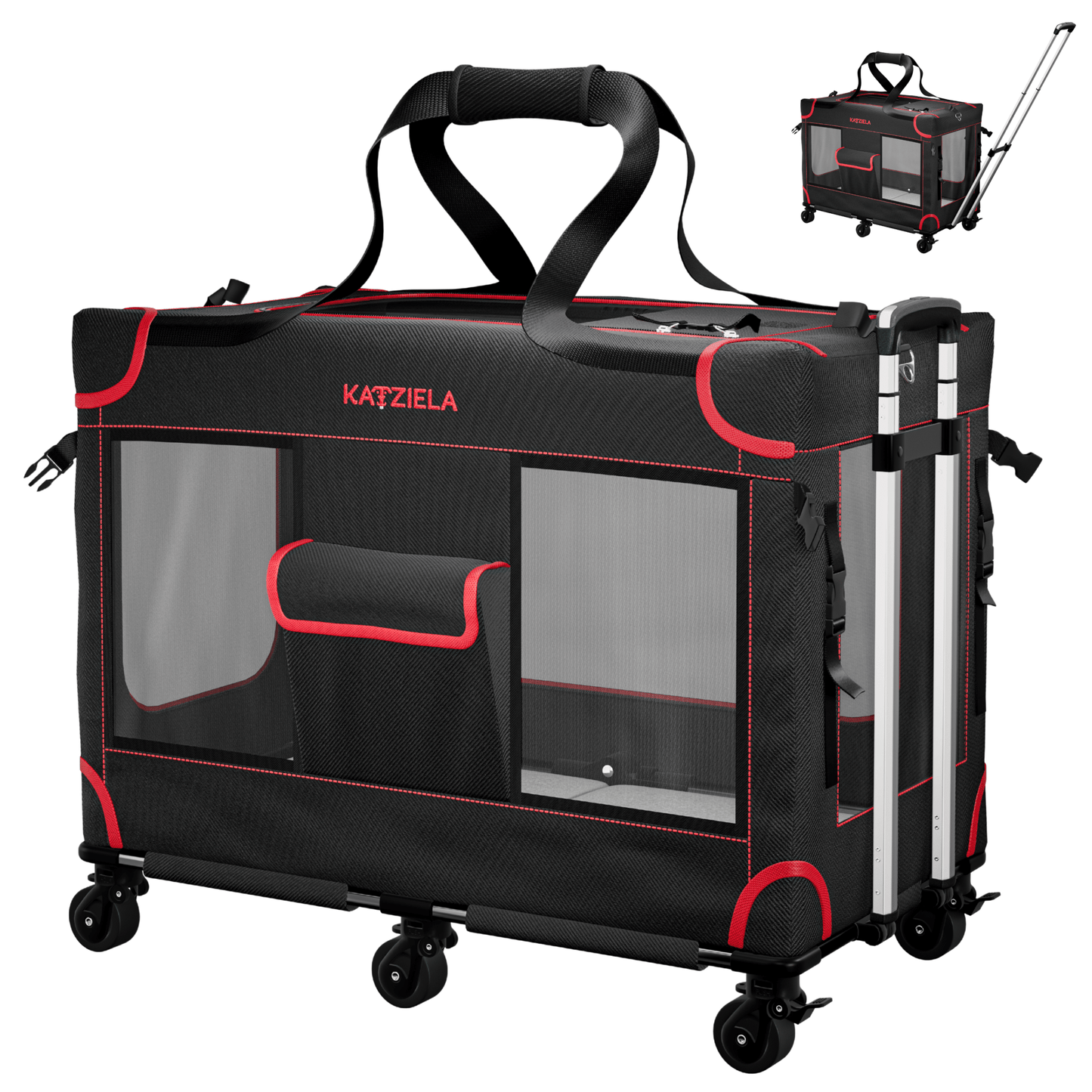 Black rolling pet carrier with red trim, front mesh panels, and four caster wheels