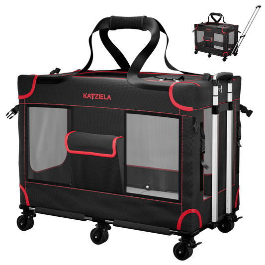 Black rolling pet carrier with red trim, front mesh panels, and four caster wheels