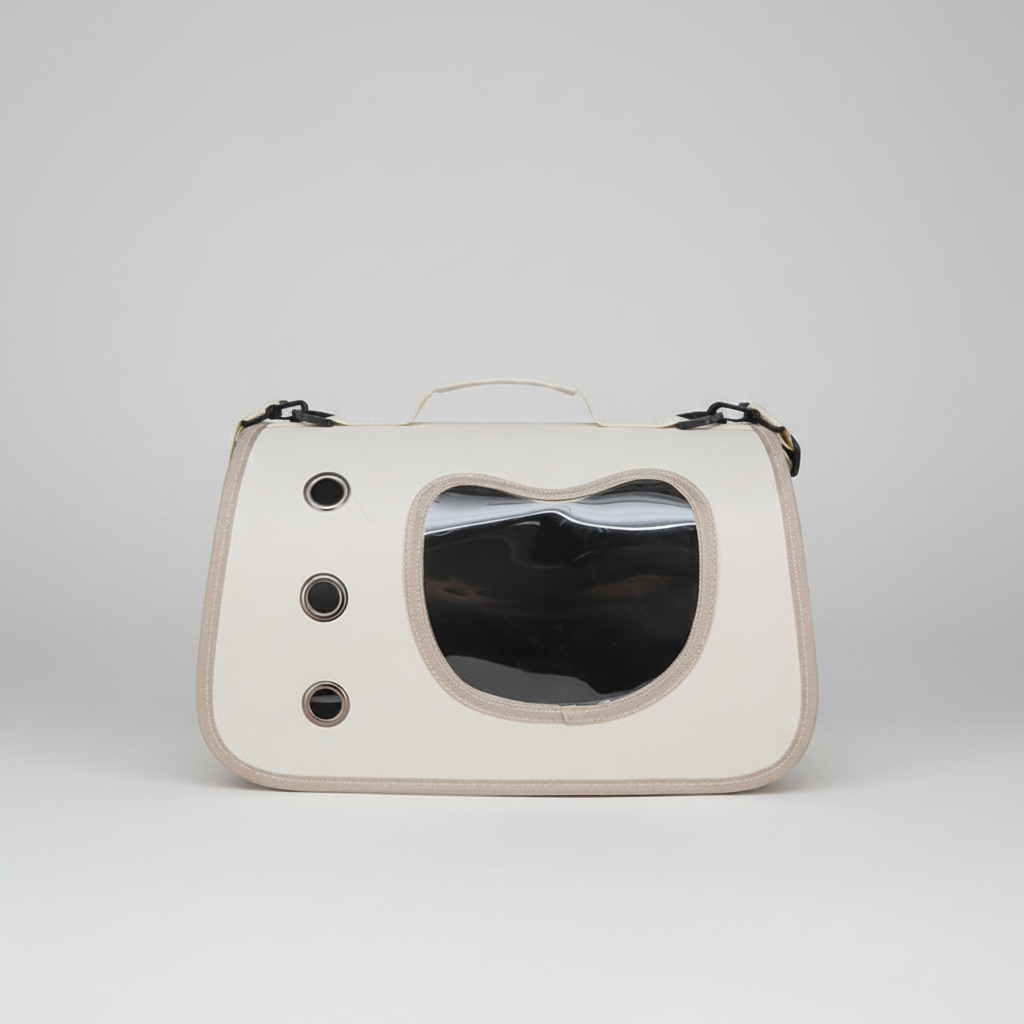 White pet carrier backpack with large round bubble window and mesh insert pocket.