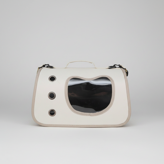 White pet carrier backpack with large round bubble window and mesh insert pocket.
