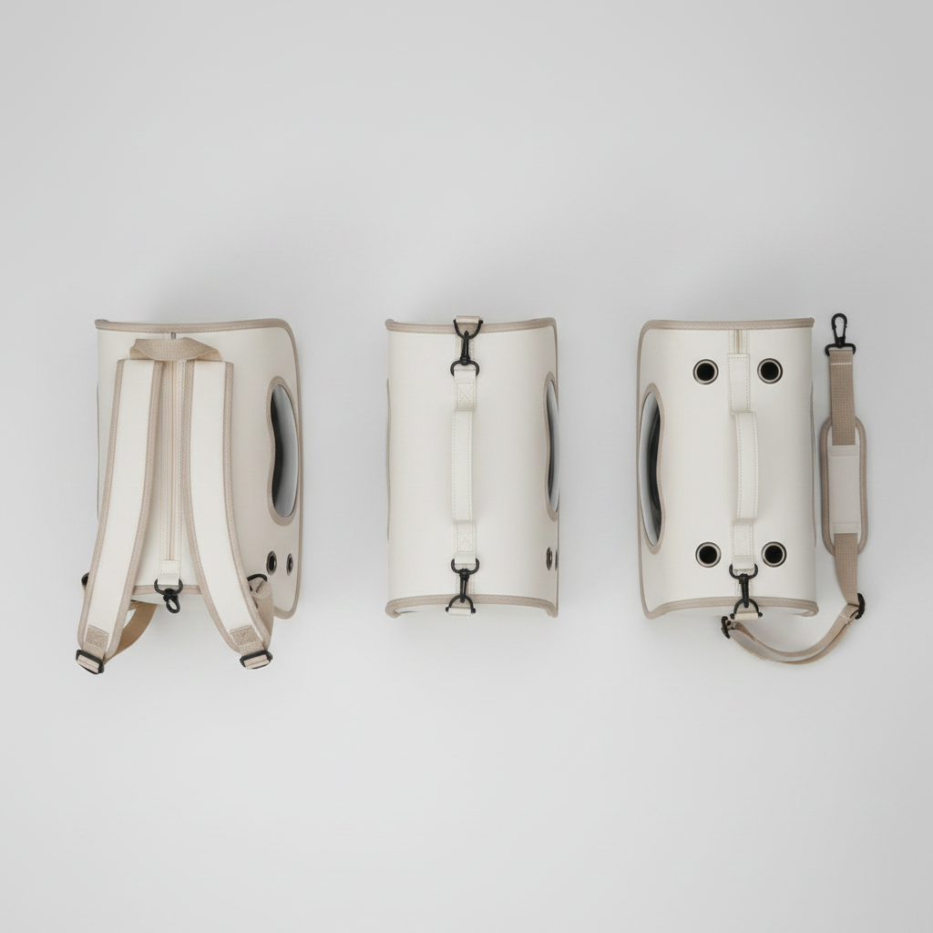White pet carrier backpack viewed with rear straps, side strap and base support.