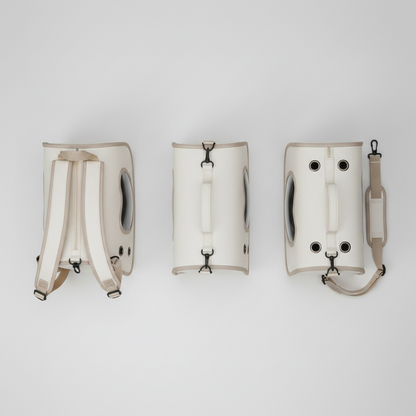 White pet carrier backpack viewed with rear straps, side strap and base support.