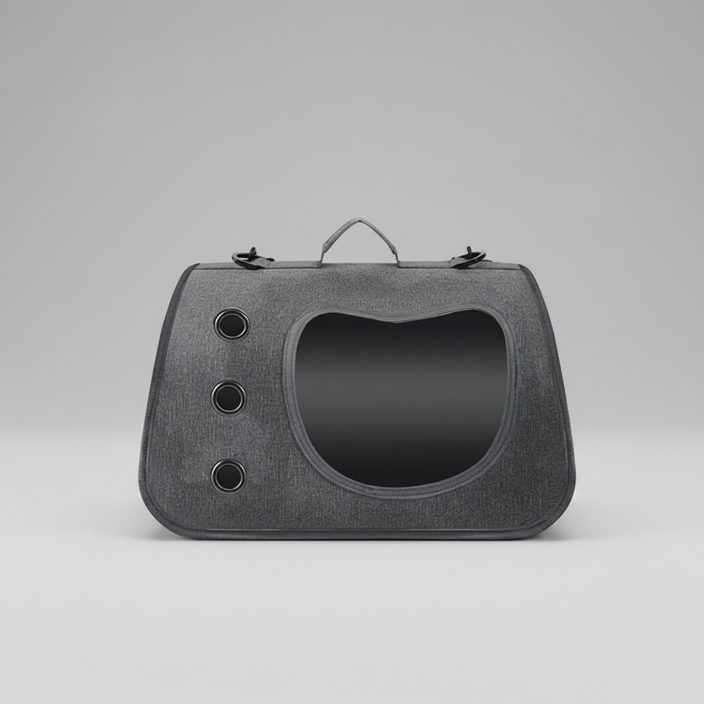 Dark grey pet carrier backpack with large oval bubble window and round side grommets.