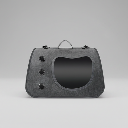 Dark grey pet carrier backpack with large oval bubble window and round side grommets.