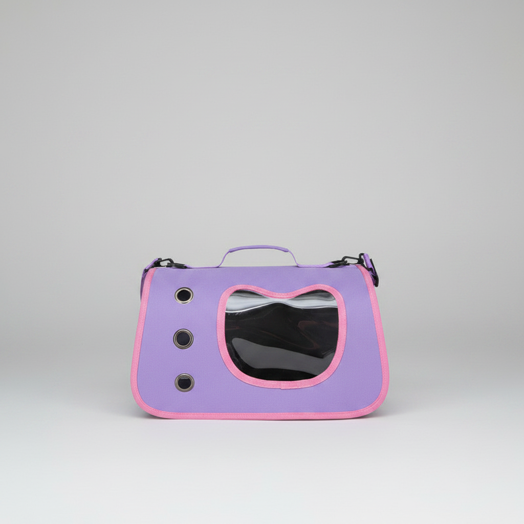 Purple and pink pet carrier backpack with large oval bubble window and secure buckles.