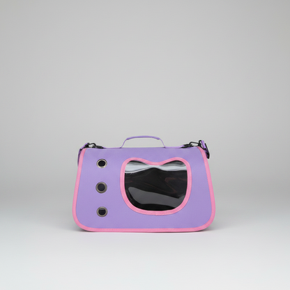 Purple and pink pet carrier backpack with large oval bubble window and secure buckles.