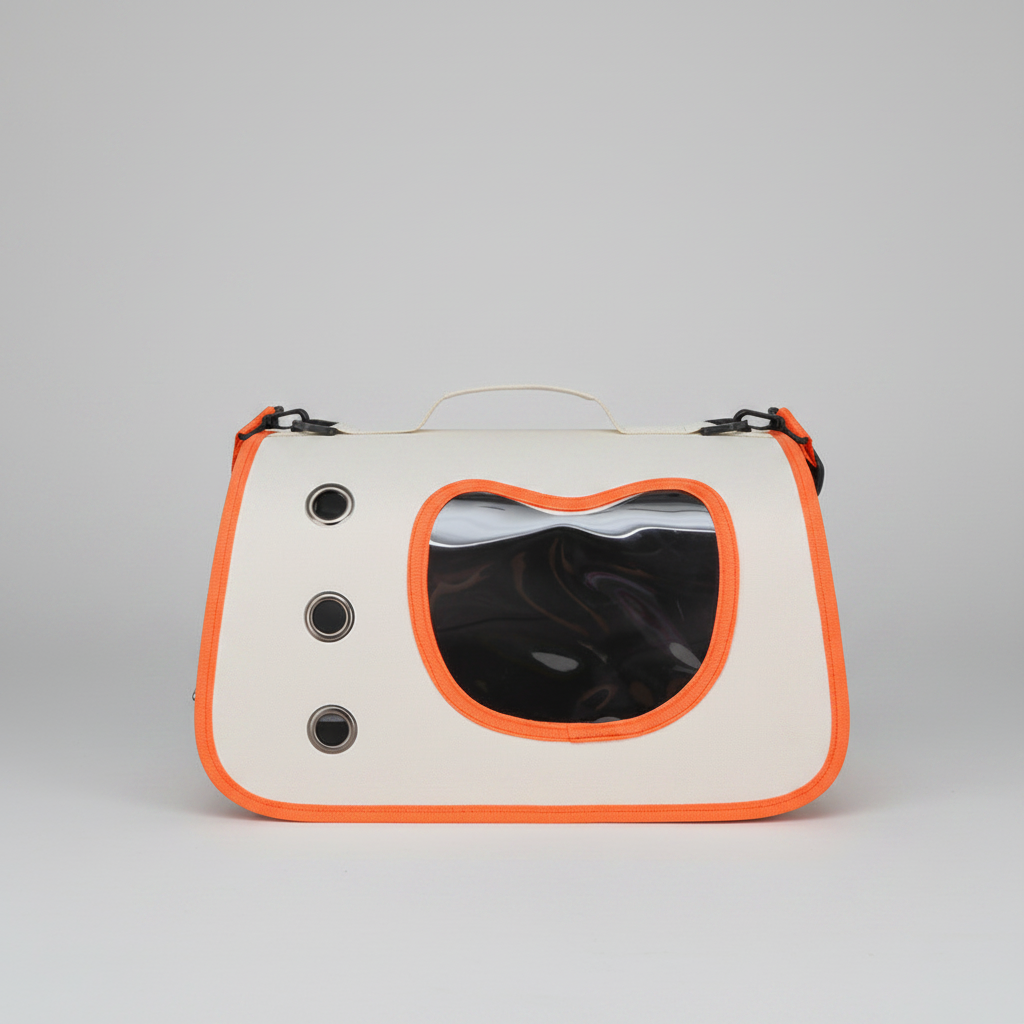 Orange and white pet carrier backpack with round bubble window and adjustable straps.