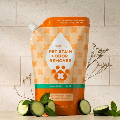Pet Stain & Odor Remover refill pouch labeled cucumber & mint
