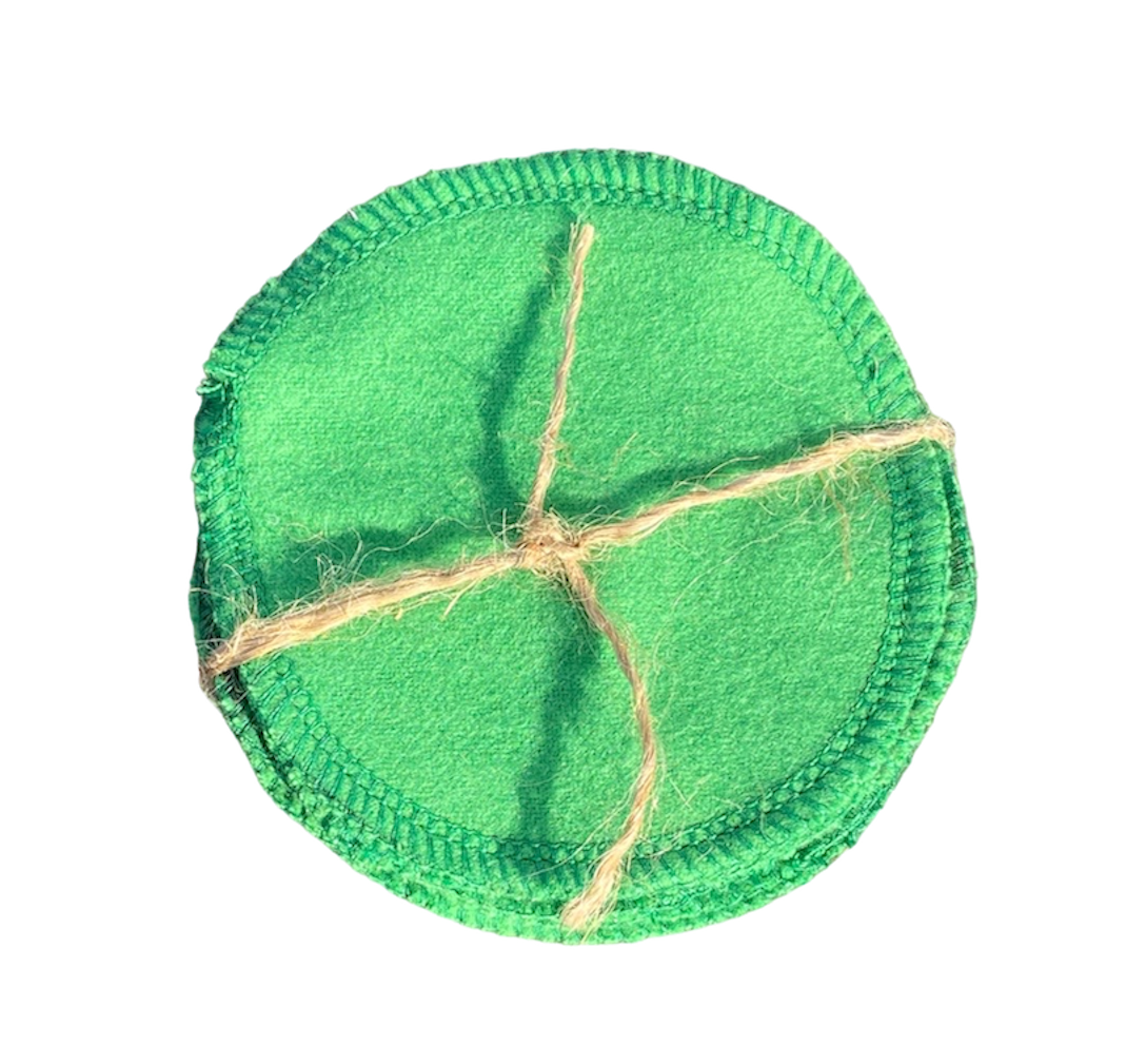 Reusable green cotton pet cleaning pad, stitched circle with twine cross seam