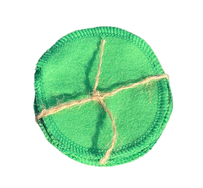 Reusable green cotton pet cleaning pad, stitched circle with twine cross seam