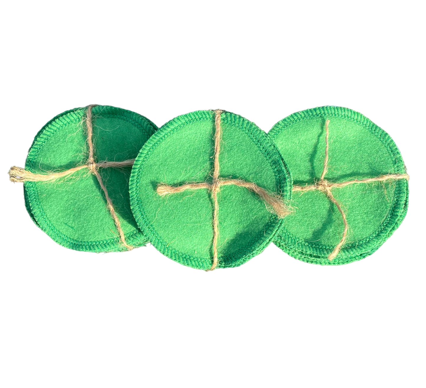 Reusable green cotton pet cleaning pads, stitched circles with twine cross seams (3)