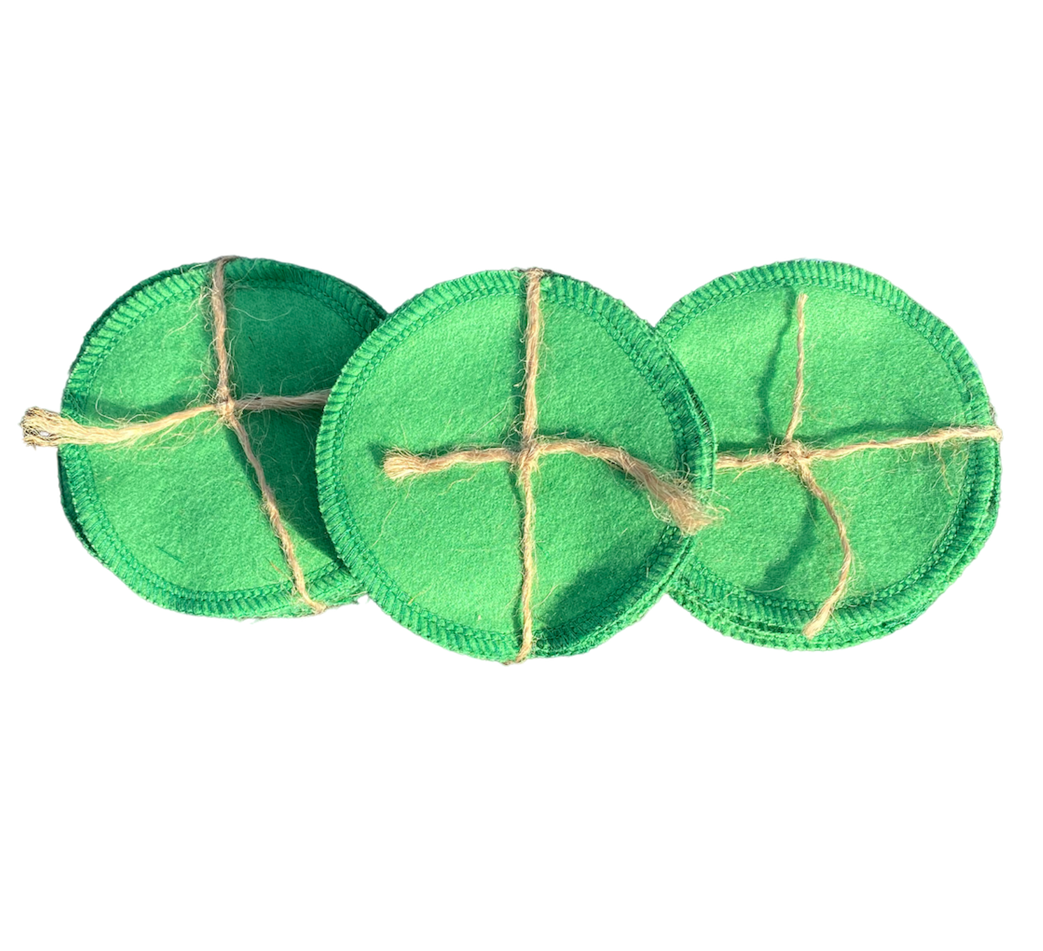Reusable green cotton pet cleaning pads, stitched circles with twine cross seams (3)