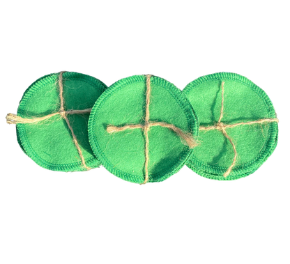 Reusable green cotton pet cleaning pads, stitched circles with twine cross seams (3)