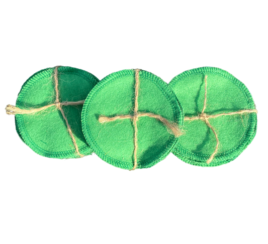 Reusable green cotton pet cleaning pads, stitched circles with twine cross seams (3)