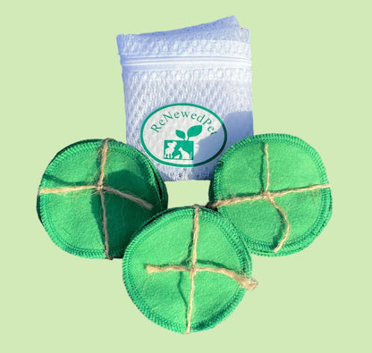Green cotton pet cleaning pads (4) with blue wipes bag and ReNewedPet logo