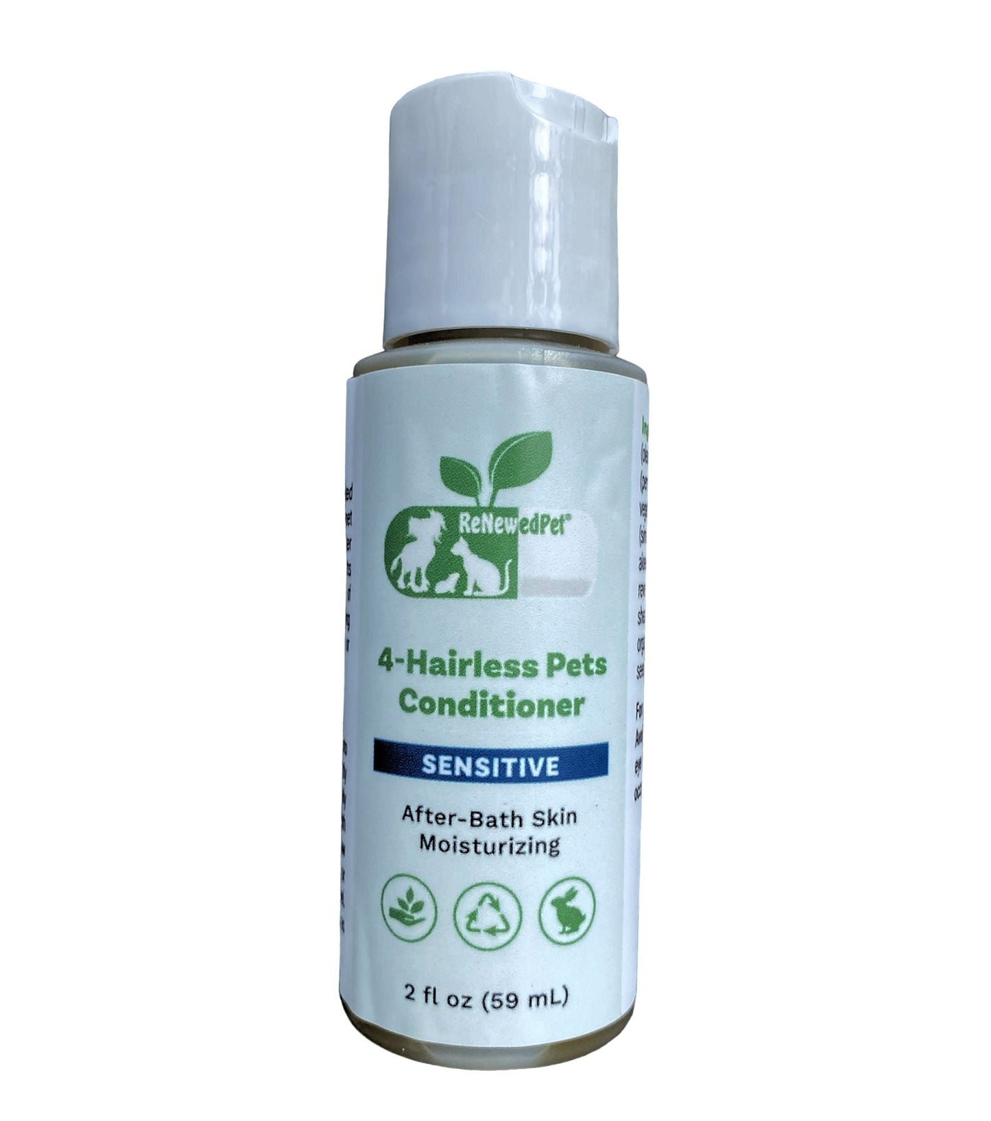 RenewedPet 4-Hairless Pets Sensitive conditioner bottle with silver cap, 2 fl oz (59 mL)