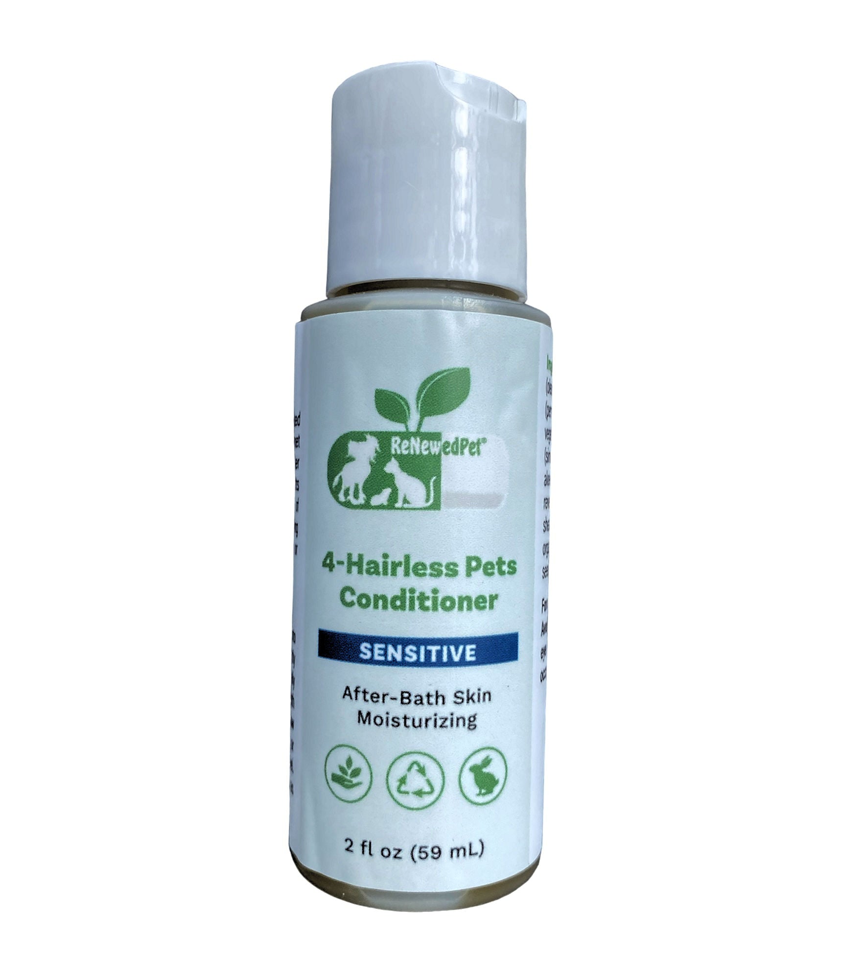 RenewedPet 4-Hairless Pets Sensitive conditioner bottle with silver cap, 2 fl oz (59 mL)