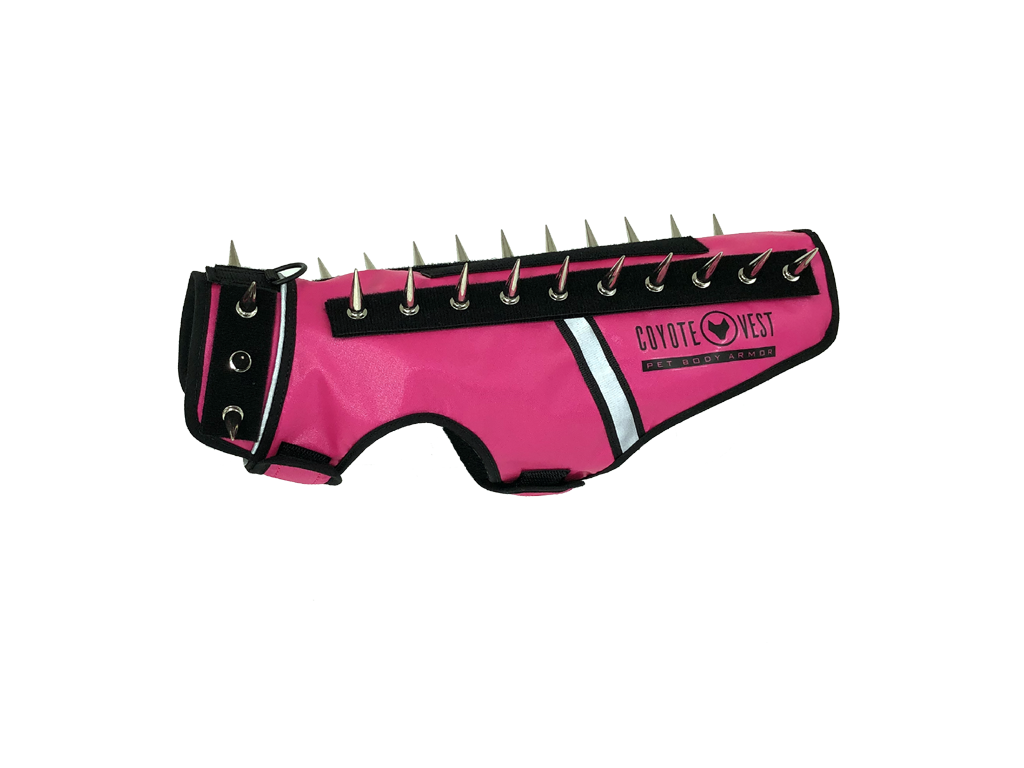 Neon pink spike-studded cat vest with black trim and metal studs along top edge