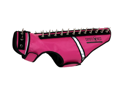 Neon pink studded cat vest with black back panel, metal spikes, and white trim