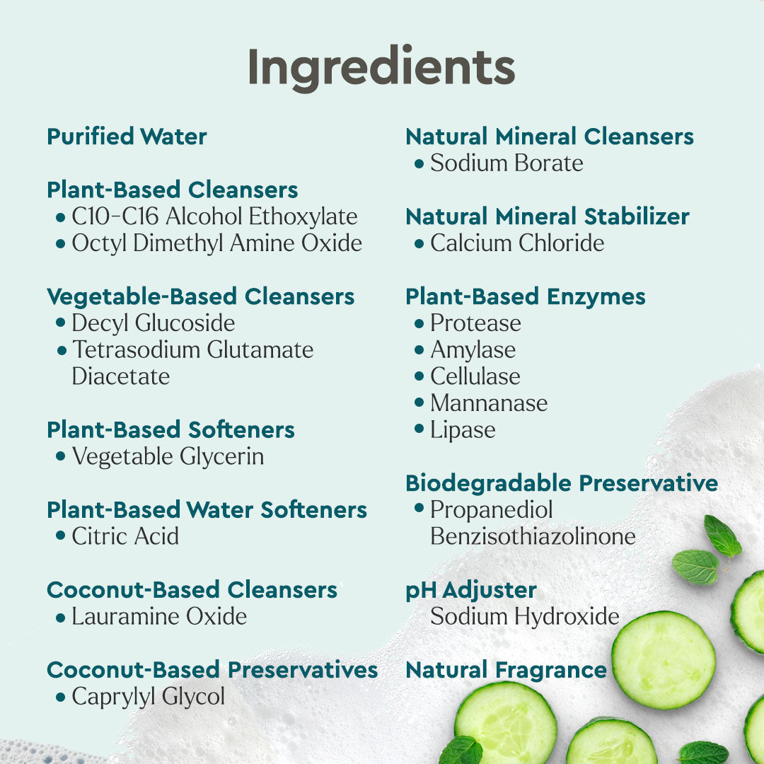 Ingredients list graphic with purified water, plant-based cleansers, enzymes, and fragrance