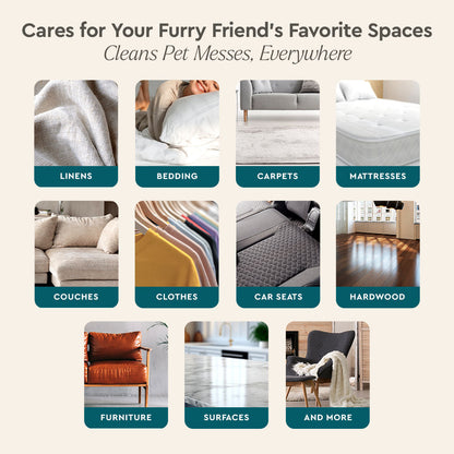 Pet stain & odor remover guide showing cleanable areas: linens, bedding, carpets, more